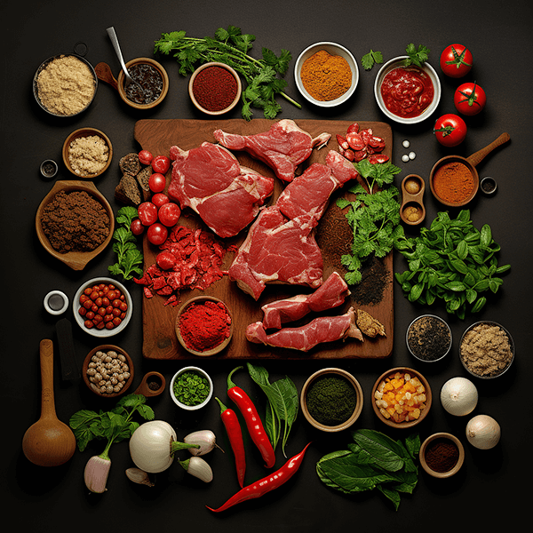 Beef, spices, and ingredients